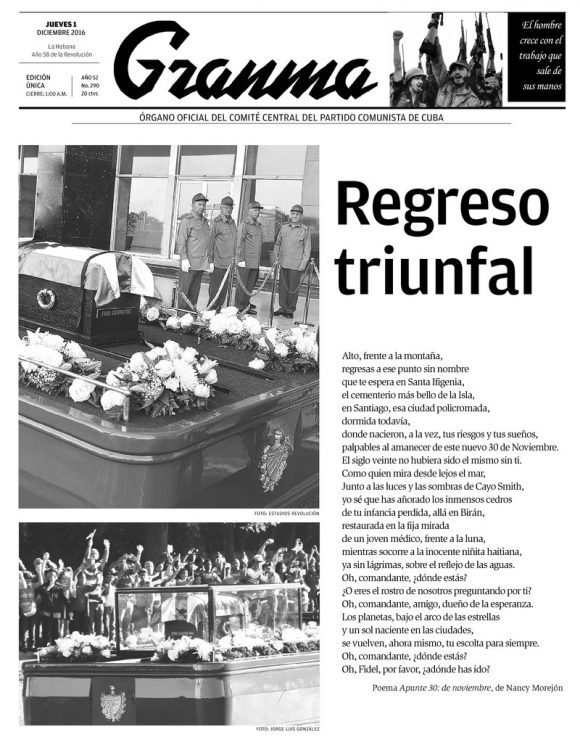 Granma Titelblatt 01.12.2016, Zum Tod von Fidel Castro