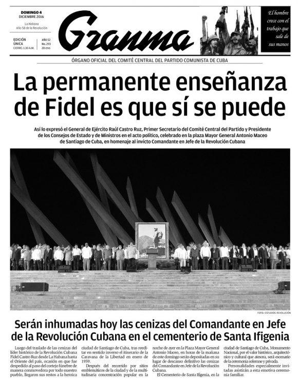 Granma Titelblatt 04.12.2016, Zum Tod von Fidel Castro